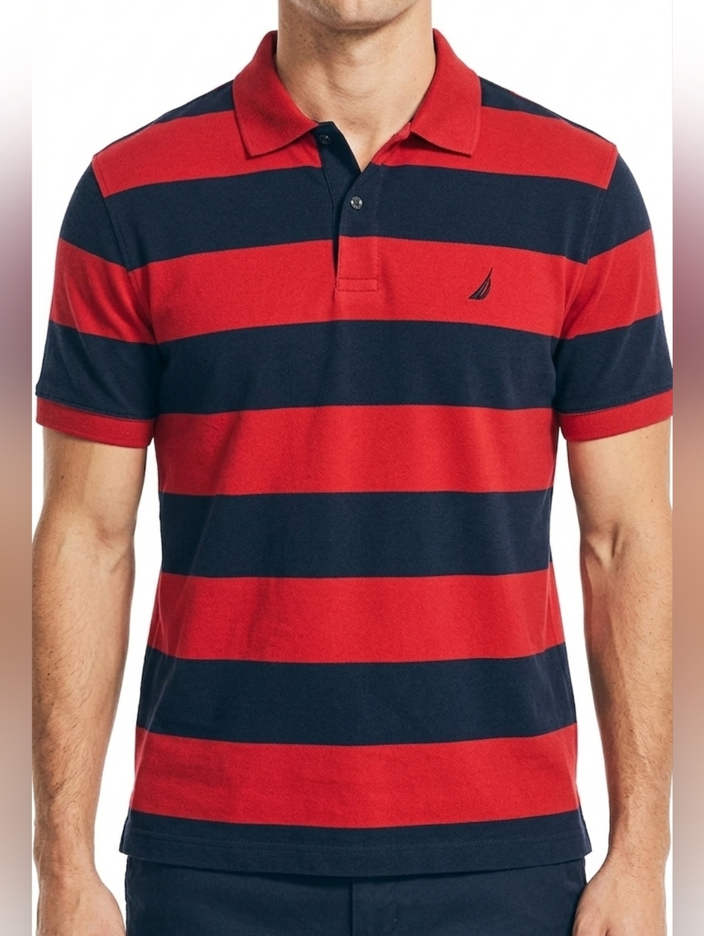 Nautica Red and Navy Wide-Stripe Polo Shirt